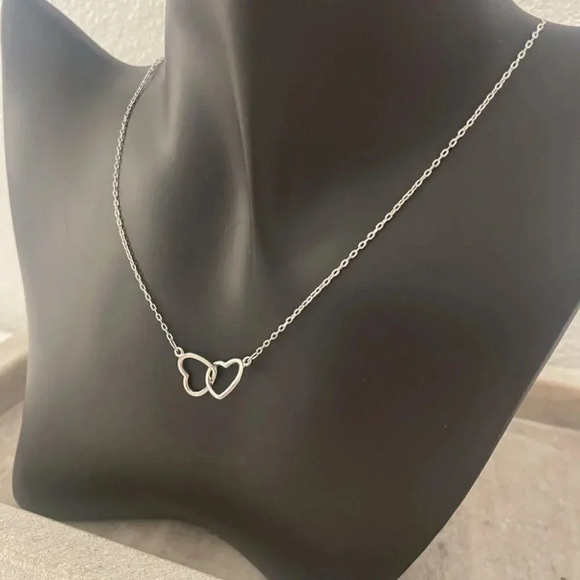 925 Sterling Silver Double Heart Linked Necklace Interlocking Hearts Necklace - Picture 8 of 16